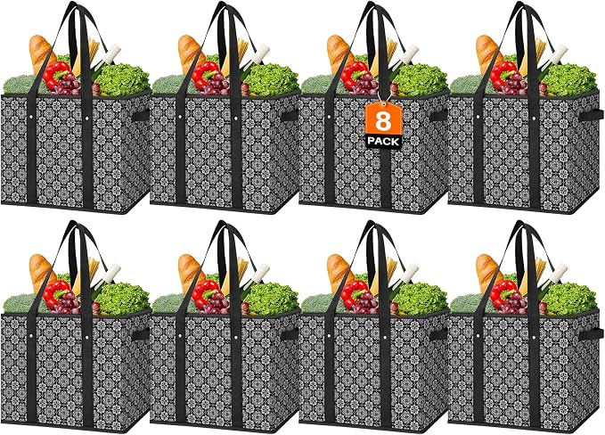 Reusable Grocery Bags 8 Pack, Foldable & Water Resistant Shopping Bags | Large Grocery Tote Bag Water Resistant Shopping Bags Foldable Grocery Bag for Clothes,Shoes and Picnic
