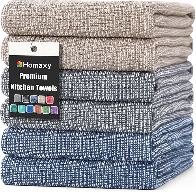 Homaxy 380 GSM Cotton Premium Kitchen Towels 6 Pack, 18"x 28", Multicolor | Flat and Terry Dish Towels, Highly Absorbent Tea Towel Set with Hanging Loop, Soft Utility Kitchen Hand Towels
