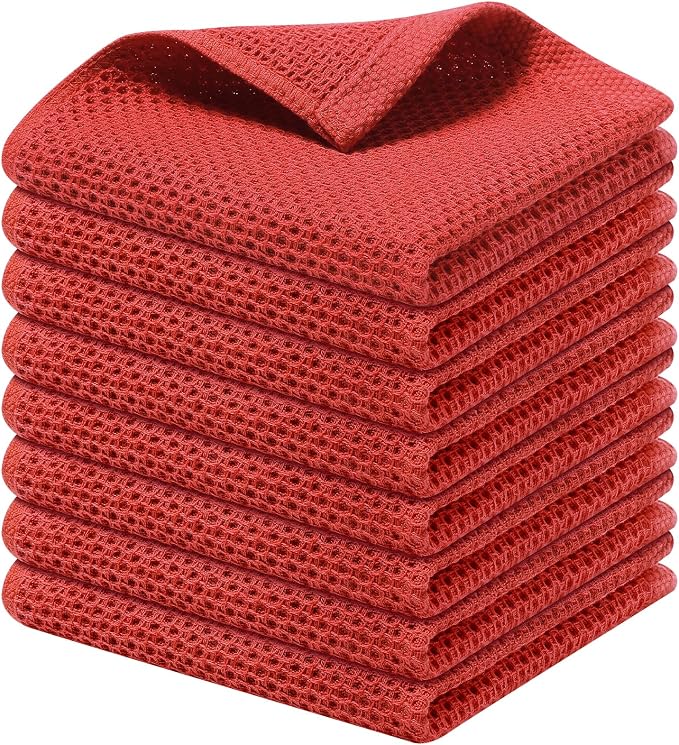 Kitinjoy 100% Cotton Waffle 8-Pack Kitchen Towels, 12" x 12", Brick Red | Ultra Absorbent, Super Soft, lightweight, Quick Drying Dish Rags for Washing Dishes