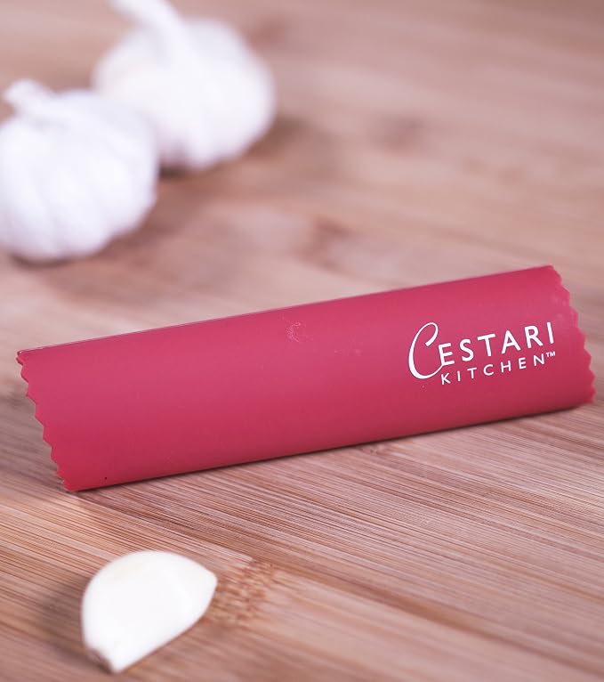Set of 2 Red Garlic Peeler Silicone Tube Rollers - Easy Roll Garlic Skin Remover - Sturdy Thick Odor Free - Peels Multiple Cloves of Garlic in Seconds - Cestari Kitchen Garlic Peelers are BPA Free