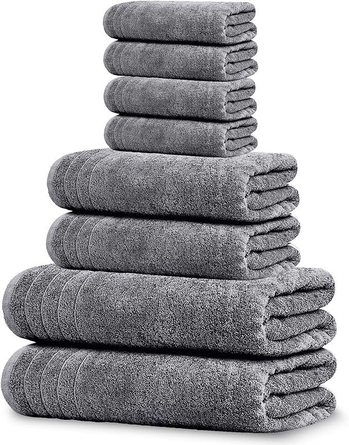 8 Piece Towel Set, 2 XL Bath, 2 Hand, 4 Washcloth, Dark Grey | 100% Cotton, Lighter Weight, Quicker to Dry, Super Absorbent, Perfect for Bathroom