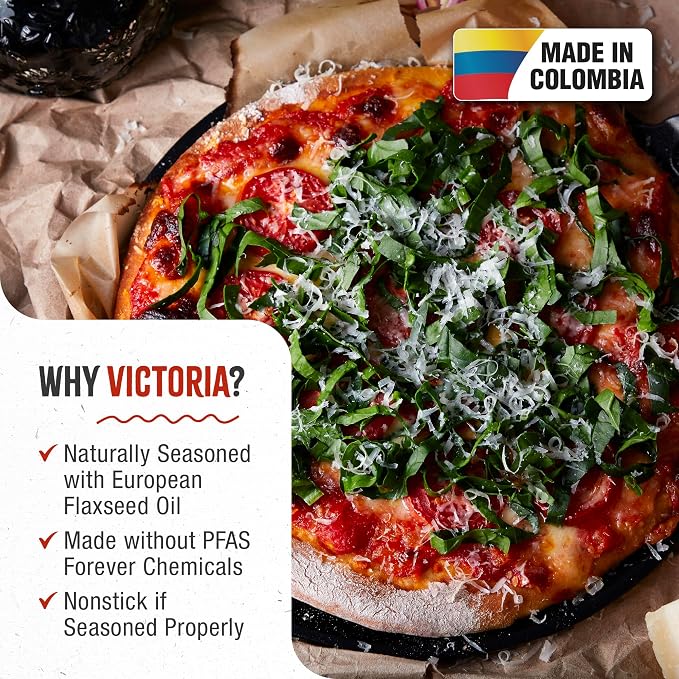 Victoria 10-Inch Cast Iron Comal Pizza Pan with 2 Side Handles, Preseasoned with Flaxseed Oil, Made in Colombia, Black