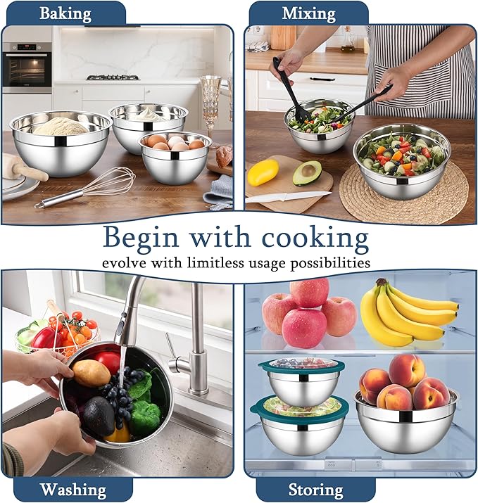 LIANYU Stainless Steel Metal Mixing Bowls, 3 Packs Nesting Bowl with Lid | Deep Bowls Set for Baking Cooking and Prepping, 4.6 & 3 & 1.5QT Large and Small Size, Include Visible & Airtight Lid, Blue