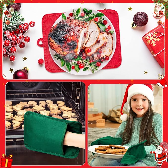 R HORSE 6 Pack Christmas Red Green Pot Holders with Pockets, 7''x 9'' | Cotton Kitchen Hot Pads, Heat Resistant Oven Mitts, Non-Slip Potholder Terry Cloth, Ideal for Baking, Cooking, Christmas Gift