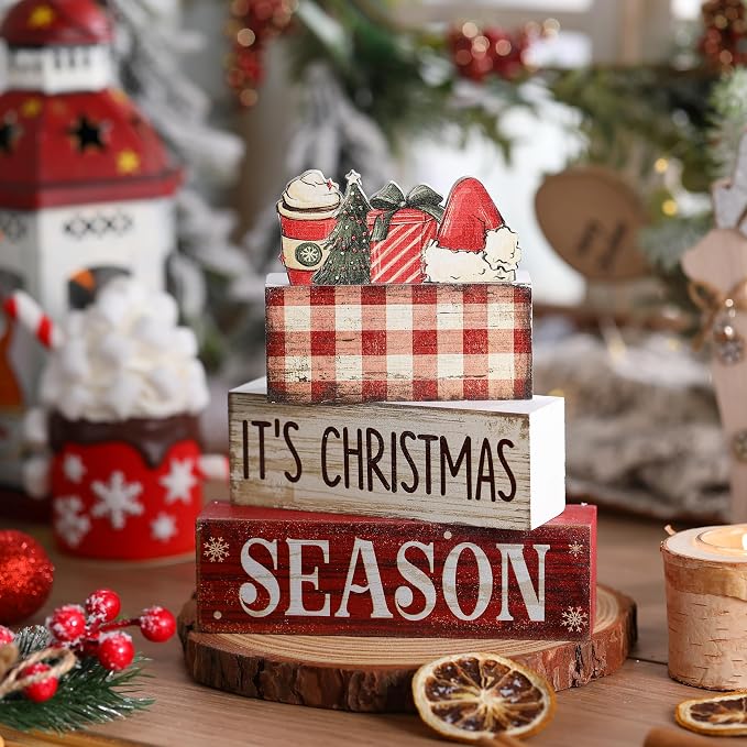 Lineshading 4 Pcs Christmas Table Decoration Wooden Hot Cocoa Santa Hat | Buffalo Plaid Stacked Design, Rustic Tabletop Signs for Mantel Shelf, Season Theme Wooden Blocks, Farmhouse Holiday Gift
