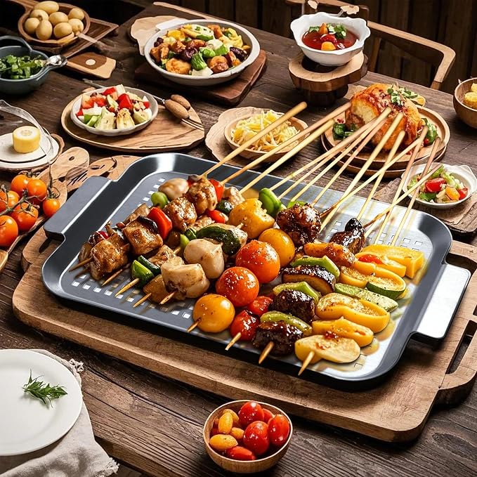 Grill Pan Set of 2, BBQ Grill Topper for Outdoor Grill, Middle | Stainless Steel Grilling Baskets with Holes and Handles, Perforated Food Tray Barbecue Accessories for Vegetable, Fish