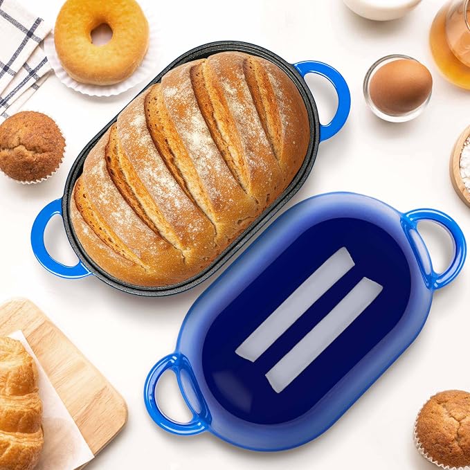 Homikit Enameled Cast Iron Dutch Oven for Bread Baking, 2.8 QT Oval Bread Oven Pot with Lid, 9.5 x 5.7 Inch Sourdough Loaf Baking Pan for Homemade Bread, Heavy Duty & Oven Safe, Blue