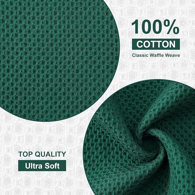 Kitinjoy 100% Cotton Waffle 8-Pack Kitchen Towels, 12" x 12", Dark Green | Ultra Absorbent, Super Soft, lightweight, Quick Drying Dish Rags for Washing Dishes