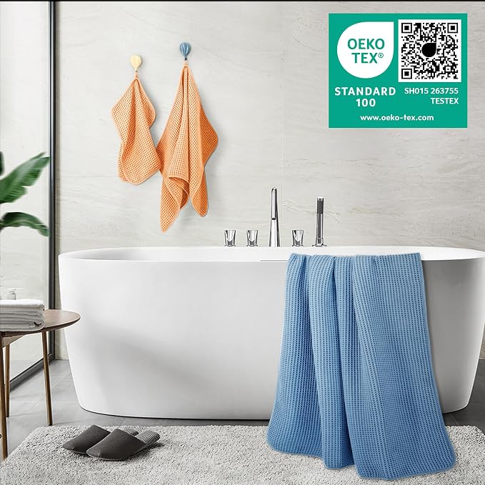 POLYTE 430 GSM Poly Blend Microfiber Quick Dry Waffle Bath Towel Set of 6 | 2-Body Towels, 2-Hand Towels, 2-Wash cloths, Oversize, Lint Free