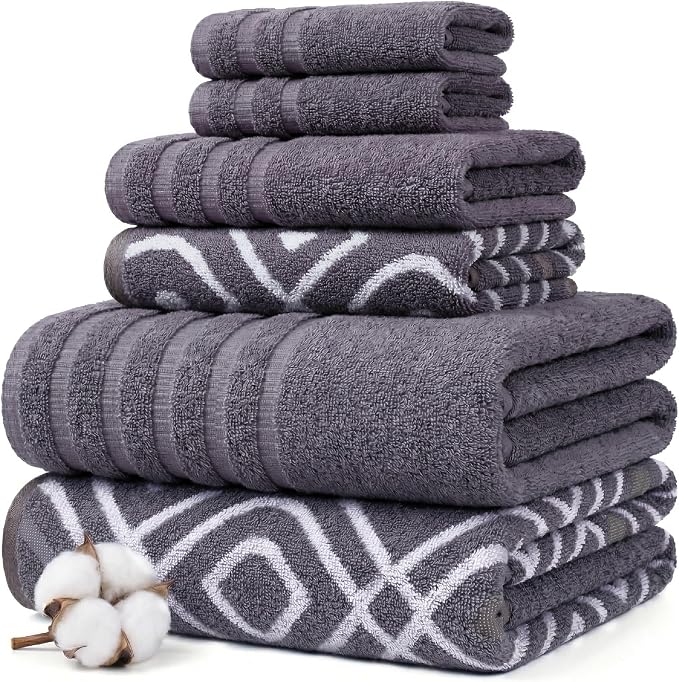 Modern Threads 6 Piece Bath Towel Set – Bathroom Set with 2 Bath Towels, 2 Hand Towels, and 2 Wash Cloths – 100% Cotton, Super Absorbent & Extra Soft – Reversible Classic Diamond (Purple)