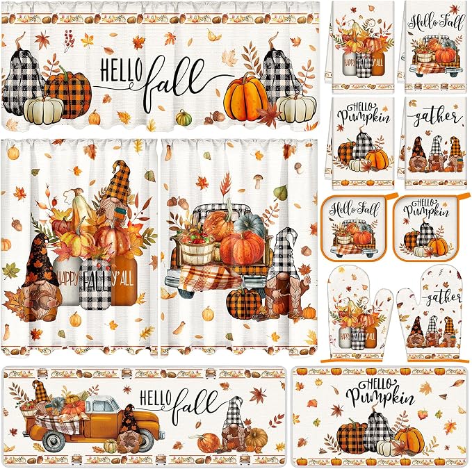 13 Pcs Fall Thanksgiving Kitchen Set with Pumpkin Towels Nonslip Mats Curtains Fall Valance Pot Holders Oven Mitts for Home Cooking Grilling Gift Harvest Autumn Home Decor