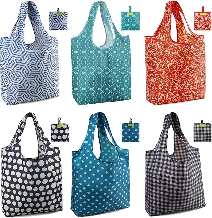 BeeGreen Geometry Reusable Shopping Bags Cute Grocery Bag 6 Pack, Christmas Gift Bags Heavy-Duty Foldable Shopping Totes for Supermarket, Work & Travel, Large Washable Polyester Tote Bag with Handles