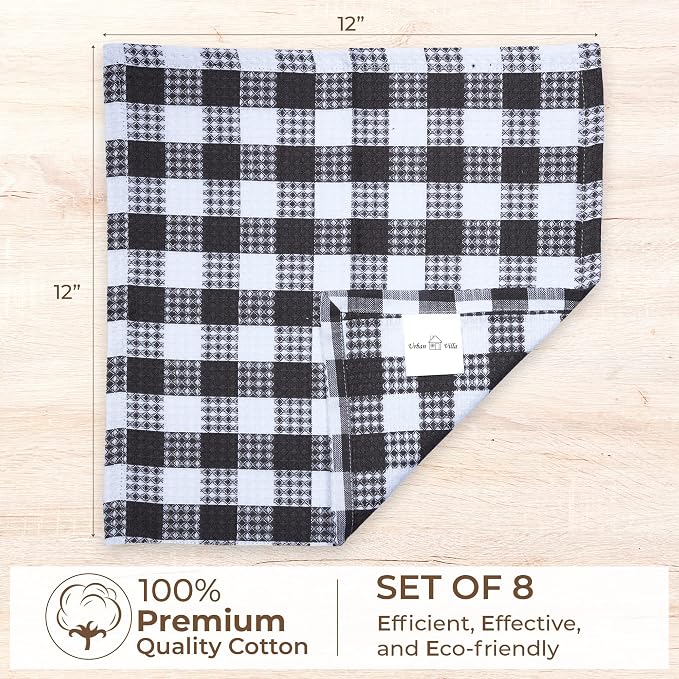 Urban Villa Kitchen Towels Cotton Dish Towels 12”x12” (Set of 8) Grey White