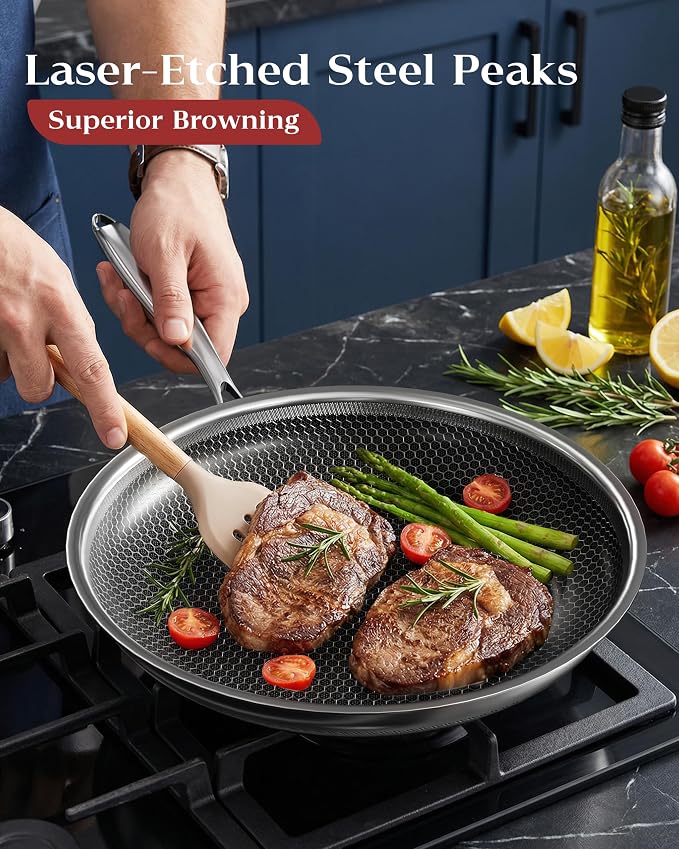 Nonstick Frying Pan with Lid 12-Inch, Durable Stainless Steel Skillet, Induction Cooktop Compatible, PFOA-Free Scratch-Proof, Dishwasher & Oven Safe, Stay-Cool Handle, Silver Kitchen Cookware