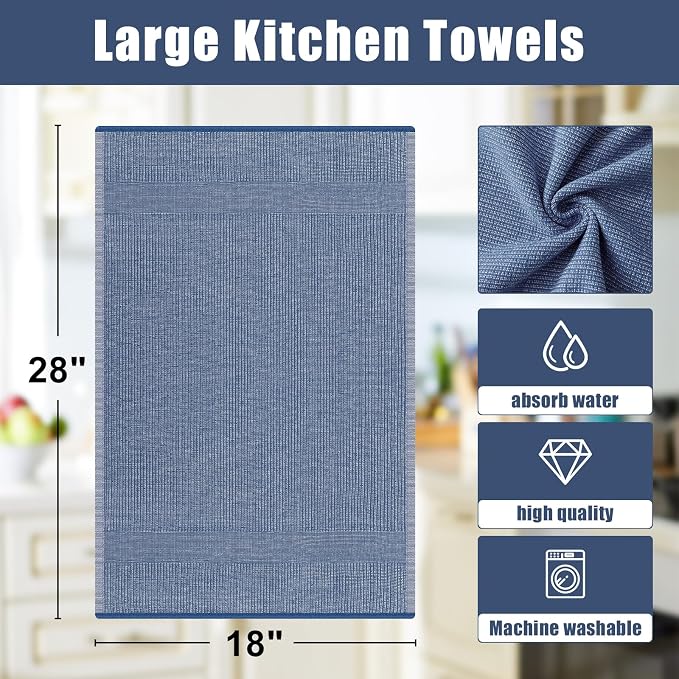 Homaxy 380 GSM Cotton Premium Kitchen Towels 8 Pack, 18"x 28", Navy Blue | Flat and Terry Dish Towels, Highly Absorbent Tea Towel Set with Hanging Loop, Soft Utility Kitchen Hand Towels