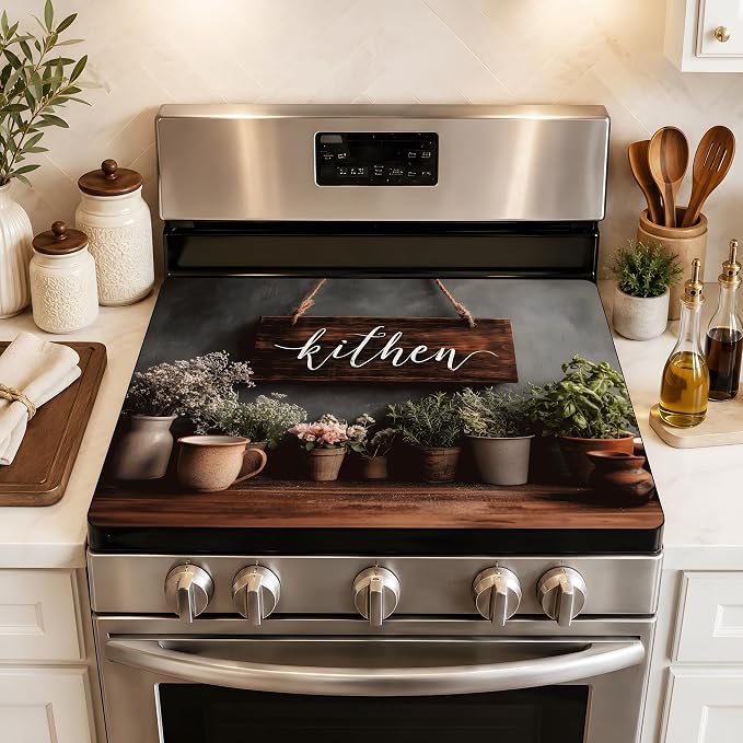 Rustic Farmhouse Kitchen Stove Top Cover 28.3 x 20.5 Inch, Herb Plant Glass Cooktop Protector Mat, Vintage Kitchen Sign Electric Range Cover for Counter Decor (Retro Brown)