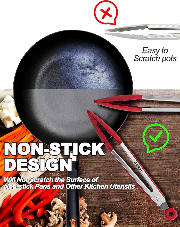 Anaeat Non-Stick Silicone Locking Tong Set of 3 - Stainless Steel 7", 9" and 12" Kitchen Food Tongs with Non-Slip Silicone Tips and Grip for Cooking, Baking and BBQ - Heat Resistant up to 480°F (Red)