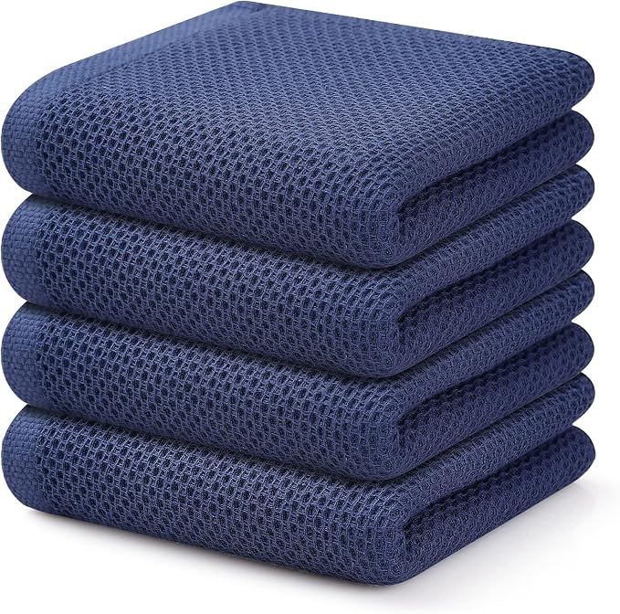Kitinjoy 100% Cotton Waffle 4-Pack Kitchen Towels, 13" x 28", Navy Blue | Super Soft, Ultra-Absorbent, Fast Drying, lightweight, Quick Drying Kitchen Hand Towels