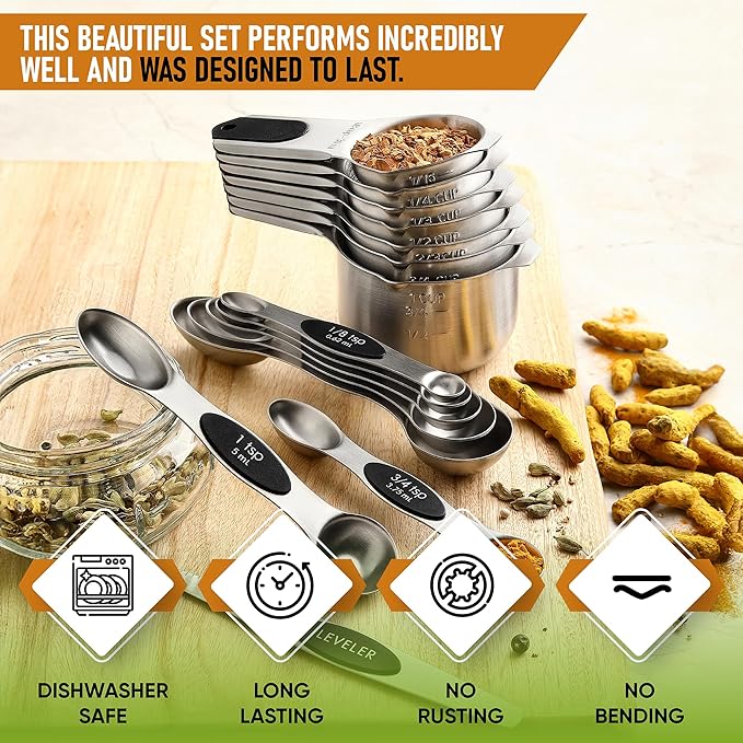 Spring Chef Magnetic Measuring Cups & Spoons Set of 15, Patented, Black | Stackable Stainless Steel Measuring Cups & Heavy Duty Metal Measuring Spoons with Levelers for Dry & Liquid Ingredients