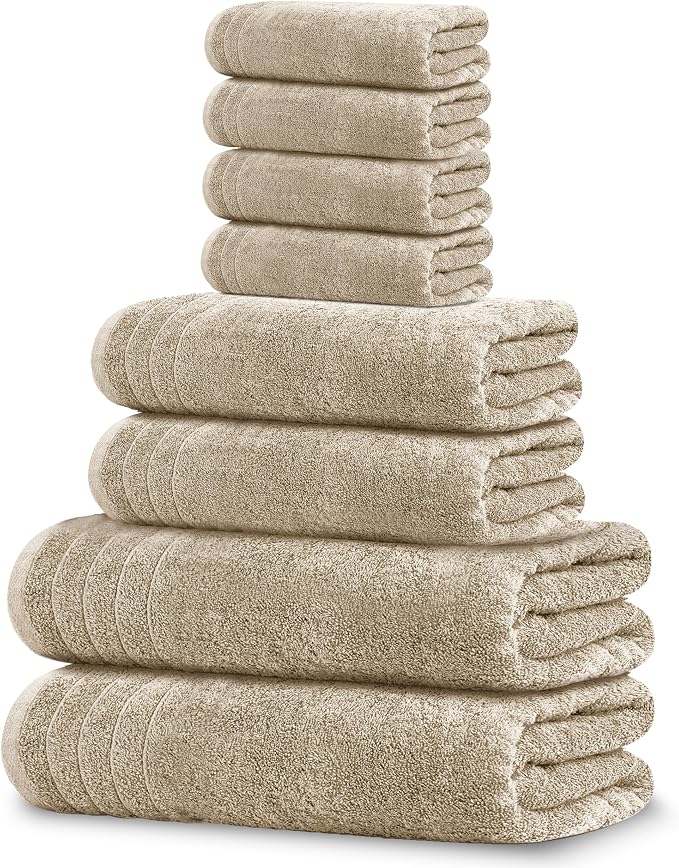 8 Piece Towel Set, 2 XL Bath, 2 Hand, 4 Washcloth, Beige | 100% Cotton, Lighter Weight, Quicker to Dry, Super Absorbent, Perfect for Bathroom