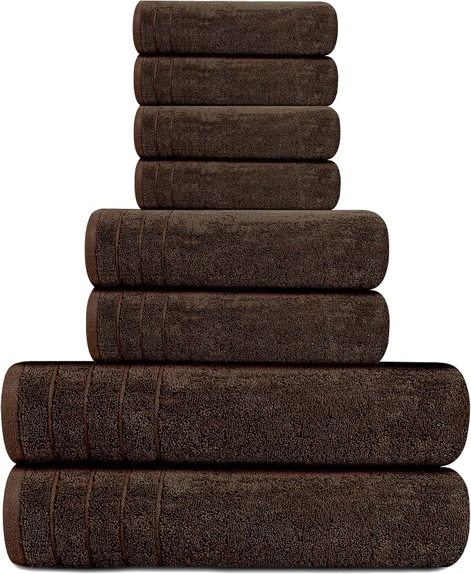 8 Piece Towel Set, 2 XL Bath, 2 Hand, 4 Washcloth, Brown | 100% Cotton, Lighter Weight, Quicker to Dry, Super Absorbent, Perfect for Bathroom