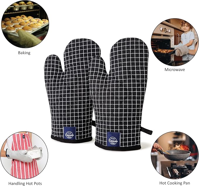 Encasa XO Oven Mitts, Heat Resistant Kitchen Gloves, Microwave | Butcher Checks Black, 100% Cotton | Diamond Quilted Insulation | Pot Holders | Hanging Loop | Barbecue & Grill | Set of 2
