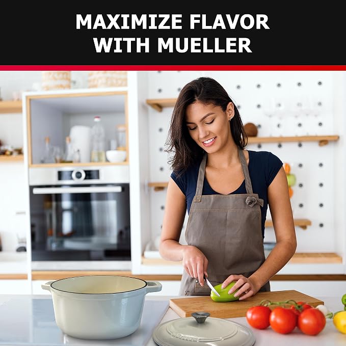 Mueller DuraCast 6QT Enameled Cast Iron Dutch Oven with Lid, Heavy-Duty | Casserole & Braiser Pan, Sourdough Bread Baking, PFOA-Free, 500°F Oven Safe, All Cooktops incl. Induction, White