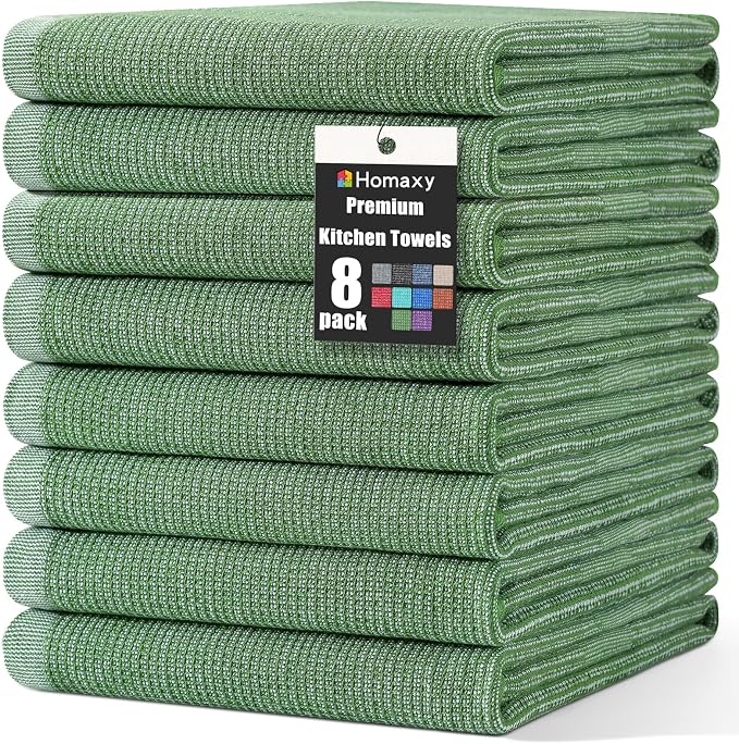 Homaxy 380 GSM Cotton Premium Kitchen Towels 8 Pack, 18"x 28", Grass Green | Flat and Terry Dish Towels, Highly Absorbent Tea Towel Set with Hanging Loop, Soft Utility Kitchen Hand Towels