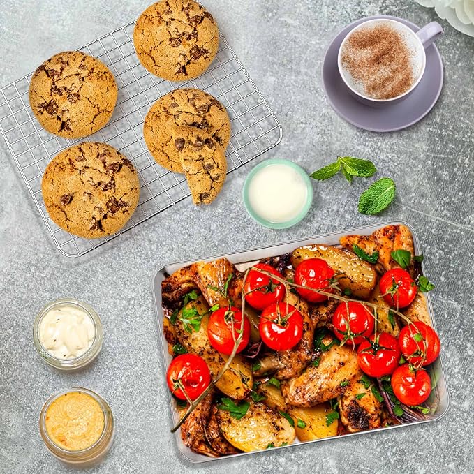 P&P CHEF 9 Inch Toaster Oven Pan Tray with Wire Rack, 2 PCS | Baking Sheet Pan + Cooling Rack for Cooking/Roasting, Dishwasher Safe & Rust Free, Non-toxic & Sturdy