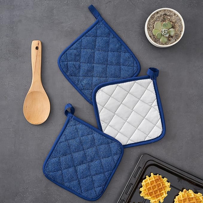 Kitchen Pot Holders Set Heat Resistant Pure Cotton Potholders Kit Trivets Large Coasters Hot Pads Terry Pot Holders for Everyday Cooking and Baking by 7 x 7 Inch Set of 4 Dark Blue
