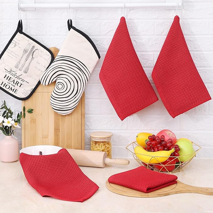 Homaxy 100% Cotton Waffle Weave Kitchen Dish Cloths 6-Pack, Red | 12 x 12 Inches, Ultra Soft Absorbent Dish Towels, Quick Drying Dish Rags with Hanging Loop