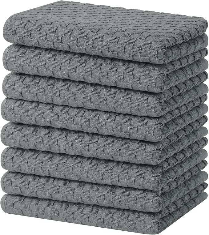 Homaxy 100% Cotton Terry Kitchen Towels(15" x 25", 8 Pack), Dark Grey | Soft and Super Absorbent Dish Towels, 380 GSM Reusable Tea Towel with Hanging Loop, Pineapple Grid Designed