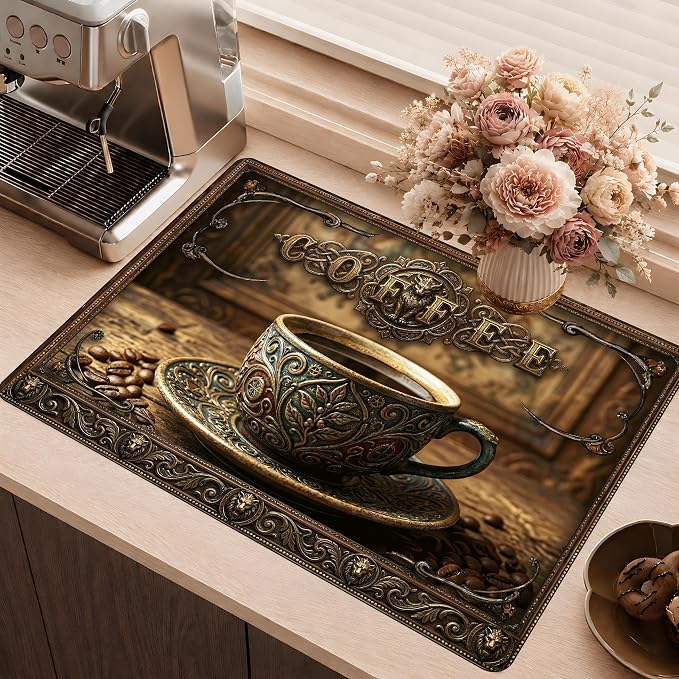 Vintage Coffee Stove Cover 28.3 x 20.5 Inches, Coffee Stove Top Protector, Heat Resistant Non Slip Glass Electric Stove Cover Board, Rustic Coffee Bar Kitchen Decor Mat (Classic coffee)
