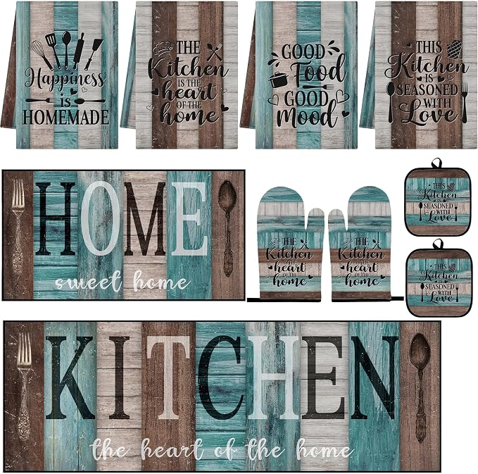 10 Pcs Kitchen Decor and Accessories Set, Turquoise Teal | 4 Dish Towels Kitchen Rugs 2 Oven Mitts 2 Pot Holders, Home Decor for Cooking Baking BBQ Gifts Women Mom Housewarming