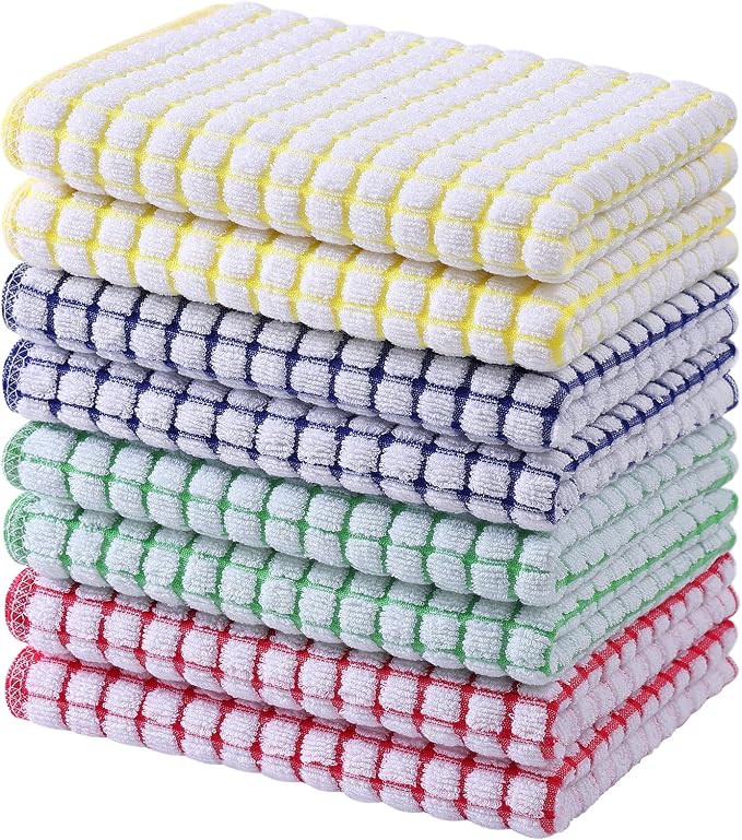 Mordimy Cotton 8 Pack Terry Kitchen Towels, 16 x 25 Inches | Super Soft and Absorbent Dish Towels, Quick Drying Hand Towels for Kitchen Drying, Blue/Yellow/Red/Green