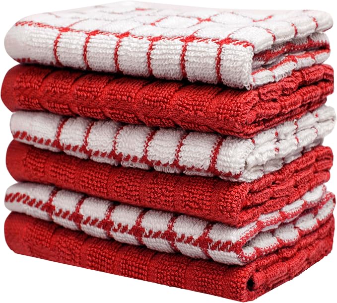 Bumble Dish Cloths (6-Pack), 100% Cotton Kitchen Towels, 12"x12" - Red | 405 GSM | Soft, Highly Absorbent & Durable Dish Towels for Kitchen
