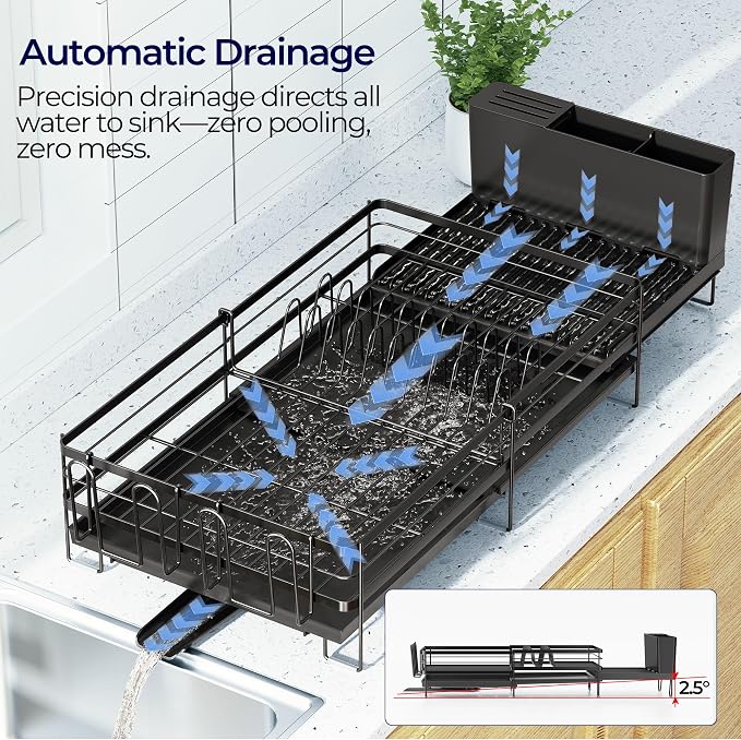 Large Dish Drying Rack, Expandable Dish Rack for Kitchen Counter, Dish Drainer with Drainboard Set, Multifunctional Dishrack with Utensil & Cup Holder, 13.4"-28.7" L x 11.8" W x 7.8" H, Black