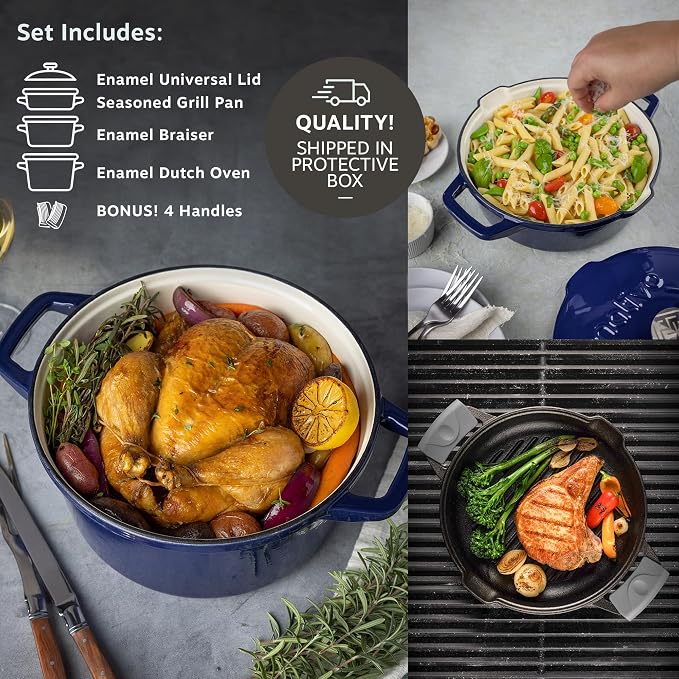 NATIVO 5 pc Stackable Cast Iron Cookware Set, Versatile Enamel Dutch Oven, Seasoned Grill Pan & Enamel Braiser with Precision Pour Spouts, Universal Lid, Included Spacers/Handle Holders, Midnight Blue