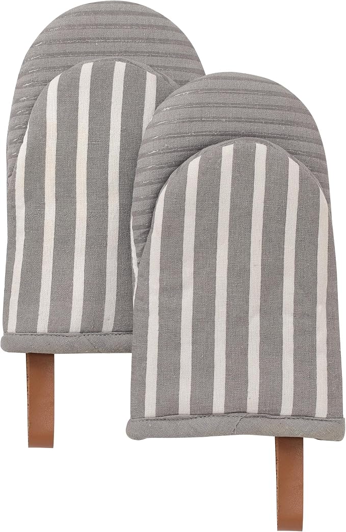 Folkulture Oven Mitts, Striped Gray, Set of 2, Heat Resistant - (5.75"x9") | 100% Cotton, Non Slip, Silicone, Cute Striped Mini Mits with Hanging Loop, Kitchen Décor, Cooking Gifts, New Home Essentials
