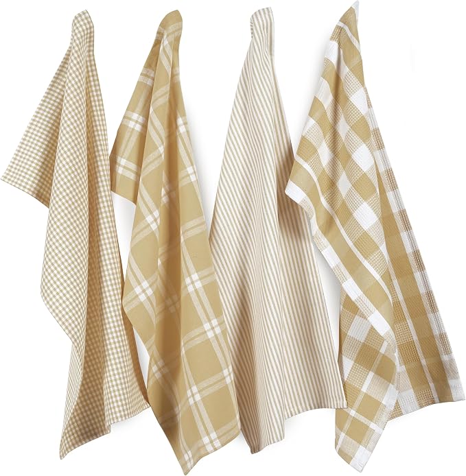 LANE LINEN 100% Cotton Kitchen Dish Cloths, Ultra Soft Absorbent Quick Drying Dish Towels, Multiweave Wash Cloths Dish Towel Sets, 13x28 Inches, 4 Pack - Beige