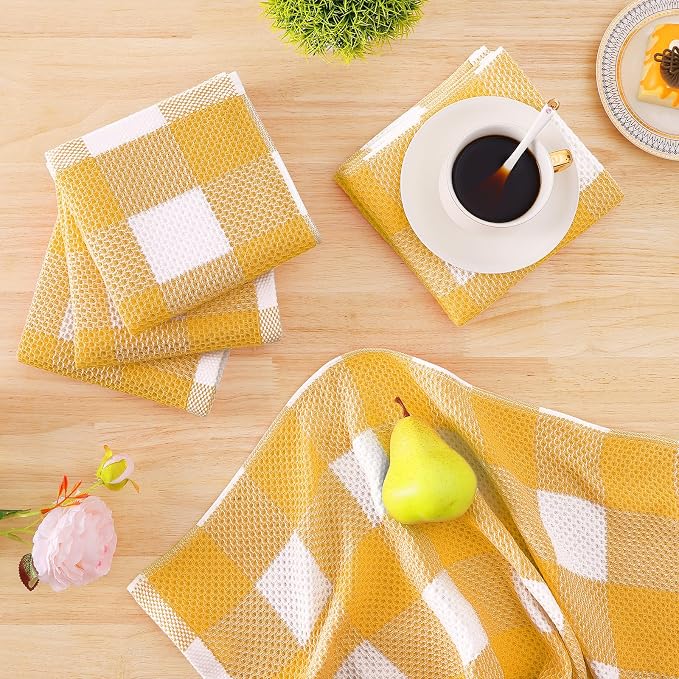 Homaxy Kitchen Towels and Dishcloths Set, Set of 8, White & Golden Yellow | Bulk Cotton Waffle Weave Check Plaid Kitchen Towels, Super Soft and Absorbent Dish Cloths, 12 x 12 and 13 x 28 Inches