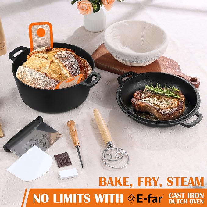 E-far 5QT Dutch Oven for Bread Baking, 2-IN-1 Cast Iron Pot with Skillet Lid & Sourdough Starter Kit, Bread Oven Pan with Baking Supplies for Frying, Braising, BBQ, Rust-Free & Heavy Duty
