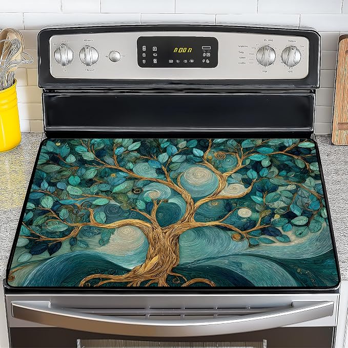 NYZE Stove Top Cover for Electric Stove 28x20 Inch Silicone Stove Topper & Protector, Decorative Kitchen Mat for Electric/Glass Stove Top (Teal Swirl Tree)