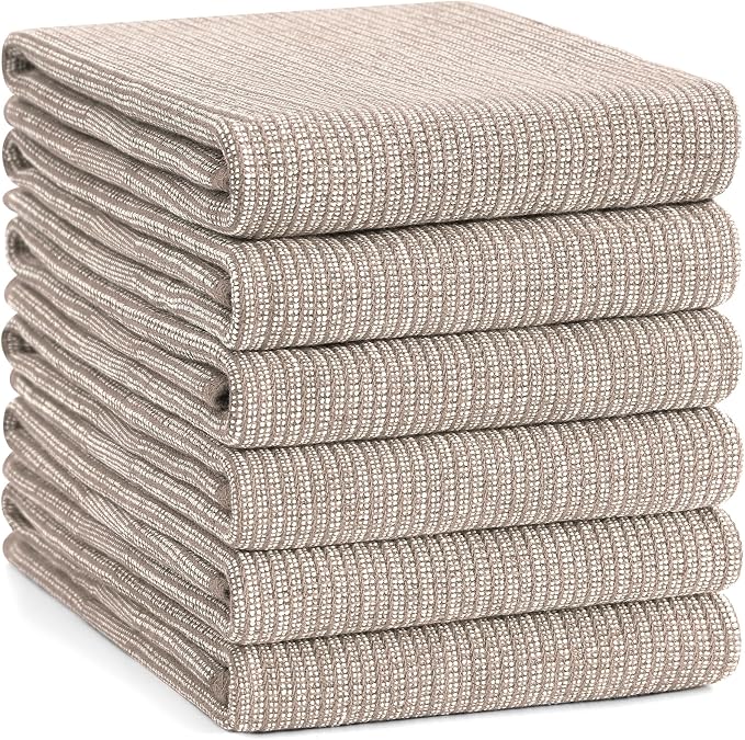 Homaxy 380 GSM Cotton Premium Kitchen Towels 6 Pack, 18"x 28", Khaki | Flat and Terry Dish Towels, Highly Absorbent Tea Towel Set with Hanging Loop, Soft Utility Kitchen Hand Towels