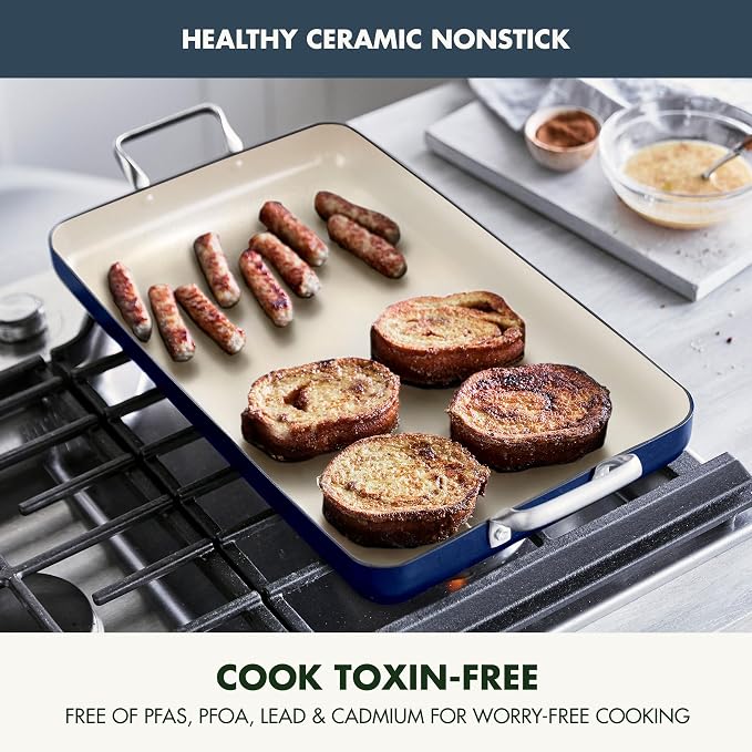 GreenPan 18" x 11" Double Burner Griddle Pan, Hard Anodized Healthy Ceramic Nonstick PFAS-Free, Stainless Steel Handles, Stovetop Cooking, Dishwasher Safe, Oven & Broiler Safe Cookware, Oxford Blue