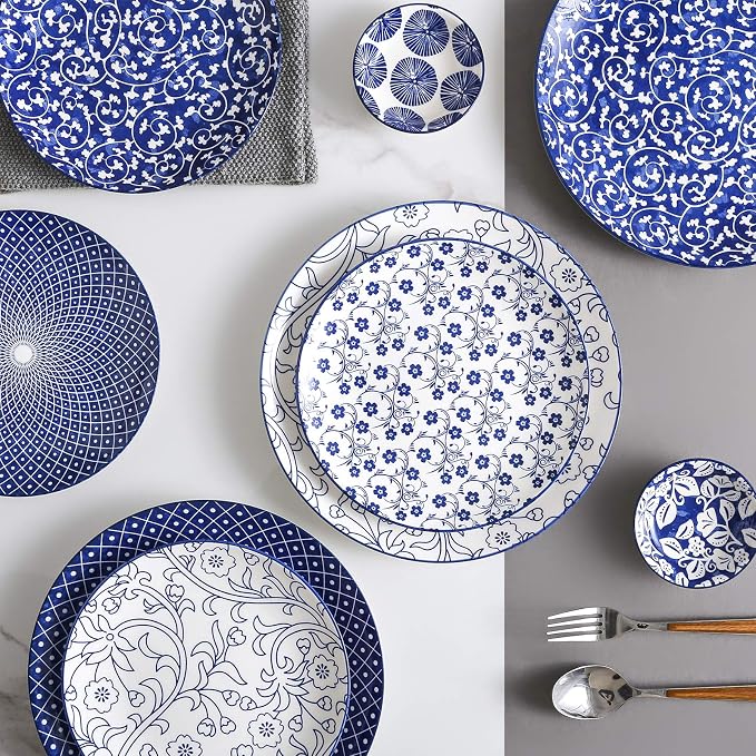 Selamica 10 inch Porcelain Dinner Plates, Large Size Ceramic Plates for Salad, Pancakes, Scratch Resistant, Microwave, Oven and Dishwasher Safe Plates Set of 6, Vintage Blue