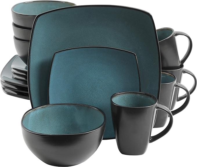 Gibson Elite Soho Lounge 16-Piece Reactive Glaze Dinnerware Set – Teal and Black Tutone Stoneware Plates and Bowls