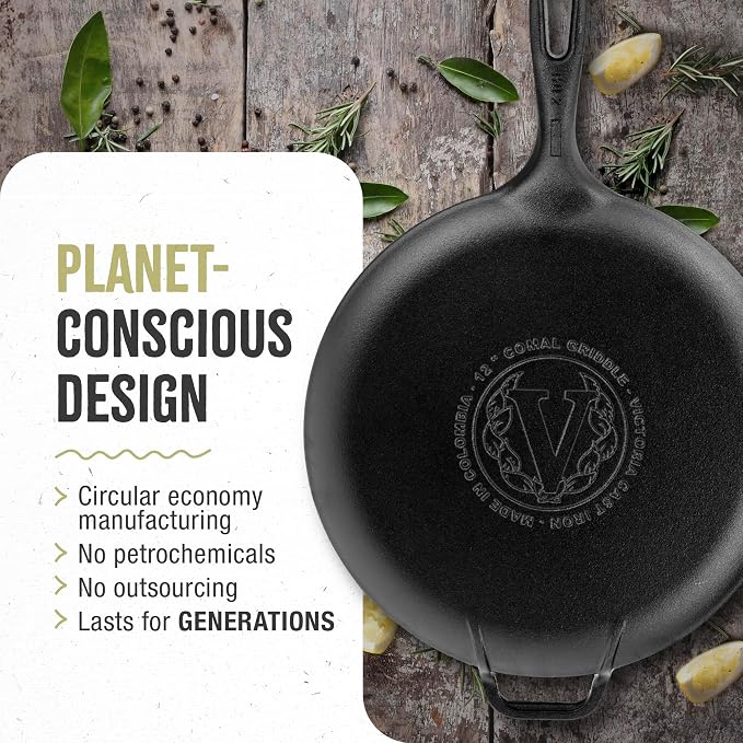 Victoria 12-Inch Cast Iron Comal Pizza Pan with a Long Handle and a Loop Handle, Preseasoned with Flaxseed Oil, Made in Colombia