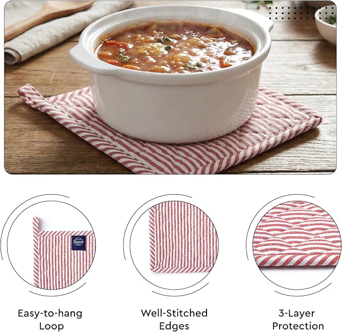 Encasa XO Oven Mitts and Pot Holders Set, Heat Resistant Cotton | Ticking Red, Diamond Quilted | Non-Slip Grip | Microwave & Oven Safe | Hanging Loop | Machine Washable | Set of 2