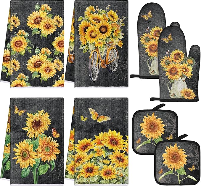 Leinuosen 8 Pcs Black Sunflower Kitchen Towels and Dishcloths Sets Pot Holders and Oven Mitts Sets Absorbent Kitchen Gloves Potholders Heat Resistant for Chef Baking Cooking